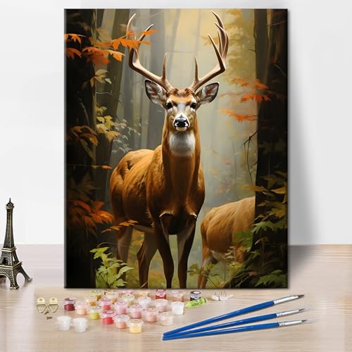 TUMOVO Autumn Deer and Forest Paint by Numbers Craft Kit for Adults | Animal Art on 16x20 Inch Unframed Canvas with Acrylic Paints and 3 Brushes Relaxing DIY Craft and Wall Decor - color: Deer