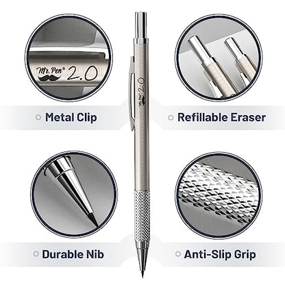 Mr. Pen- Metal Mechanical Pencil Set with Lead and Eraser Refills, 5 Sizes | 0.3, 0.5, 0.7, 0.9, 2mm, Drafting, Sketching, Architecture, Drawing Mechanical Pencils, Metal Mechanical Pencils