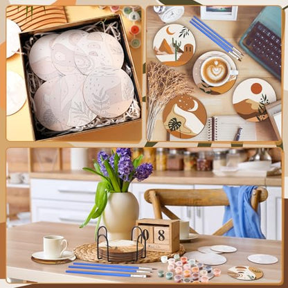 Reallnaive 8 Pcs Boho Paint by Numbers Kit for Adults Wooden Coasters - style: Boho