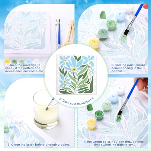 RoundFunny 8 Set Paint by Numbers Drawing Kit for Adults,Simple Blossom | 8x8 in. Mini Simple Painting Canvas Wooden Frame Easel Acrylic Paint Brush Funny Number Drawing Kit for Gift Wall Home Decor - style: Simple Blossom