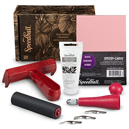 Speedball Block Printing Fabric Starter Kit, 7 Pieces – Includes Ink, Hard Brayer, Lino Handle and Cutters, Speedy-Carve Relief Carving Rubber - size: 7 Piece Fabric Kit