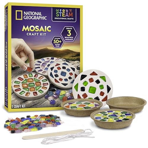 National Geographic Mosaic Arts and Crafts Kit for Kids - Mosaic Kit for Creating 3 Glass Tile Mosaic Art Projects, Includes Glass Tiles, Templates, Plaster & More, Art Supplies, Mosaic Kits for Kids | 3 Glass Tile Mosaic Projects, Templates, Plaster and