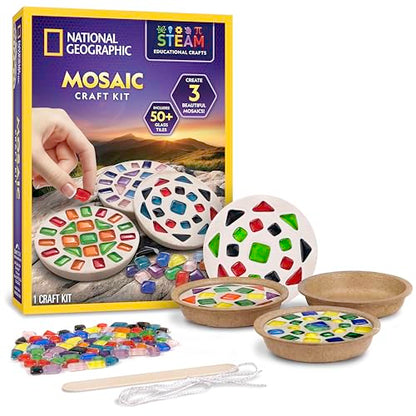 National Geographic Mosaic Arts and Crafts Kit for Kids - Mosaic Kit for Creating 3 Glass Tile Mosaic Art Projects, Includes Glass Tiles, Templates, Plaster & More, Art Supplies, Mosaic Kits for Kids | 3 Glass Tile Mosaic Projects, Templates, Plaster and