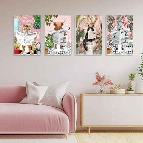 GHHKUD 4Pack Framed Paint by Numbers Animals, for Adults Kids, DIY Animals on The Toilet Read News Painting by Numbers with Frame Wooden Holder,Art on Canvas Gifts Home Wall Decor 20x30cm