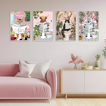 GHHKUD 4Pack Framed Paint by Numbers Animals, for Adults Kids, DIY Animals on The Toilet Read News Painting by Numbers with Frame Wooden Holder,Art on Canvas Gifts Home Wall Decor 20x30cm