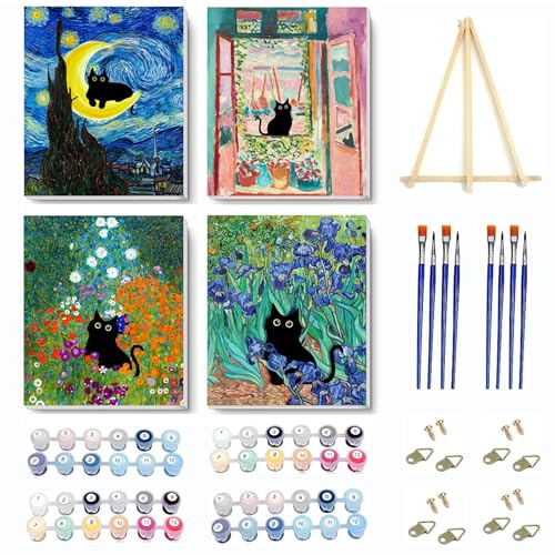 4 Pack Paint by Numbers Kit for Adults Framed Canvas with Wooden Easel | Adults' Paint-by-Number Kits Black Cat DIY Acrylic Landscape Oil Painting Arts Crafts 7.8x11.8inch - color: 4 Pack 20X30in-6, size: 8x12in with Framed - with Wooden Easel