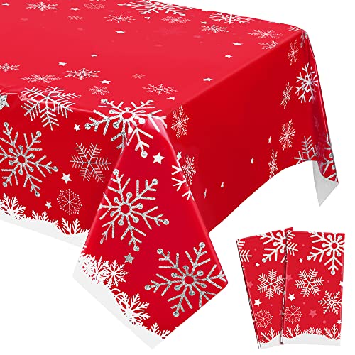 durony 2 Pack Christmas Snowflake Tablecloth Red White 108 x 54 Inch Table Cover Disposable Waterproof Plastic Table Cloth for Christmas Winter Birthday Party Table Decorations - style: Snowflake