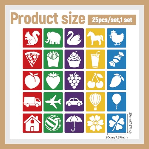 CUTHOLLOW Animals Fruit Plant Stencils, 24PCS 8-Inch Reusable Plastic | 24PCS 8-Inch Animals, Fruit & Plant Shapes, Reusable Washable Plastic, Painting, Crafts, Wall Art & Sidewalk Chalk - style: Animals and Food