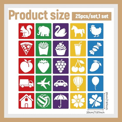 CUTHOLLOW Animals Fruit Plant Stencils, 24PCS 8-Inch Reusable Plastic | 24PCS 8-Inch Animals, Fruit & Plant Shapes, Reusable Washable Plastic, Painting, Crafts, Wall Art & Sidewalk Chalk - style: Animals and Food