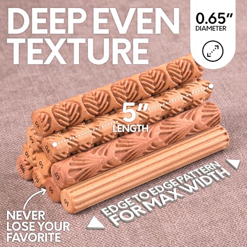 Byllstore Clay Texture Rollers | 10-Pack | 5 in x 0.65 in | Premium Wooden Pottery Tools | Set A - color: 10-Pack | 5" x 0.65" | SET A