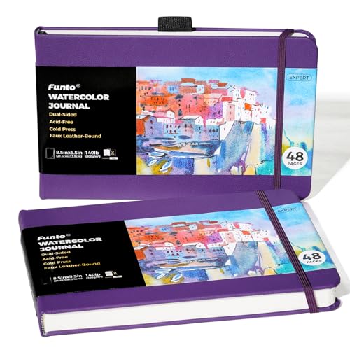 Funto Watercolor Journal, 8.5x5.5, 2 Pack, 48 Pages Each, Purple Leather Cover, Cold-Pressed, Inner Paper Pocket, Art Supplies for Mixed Media - color: Purple-Leather-8.5 x 5.5