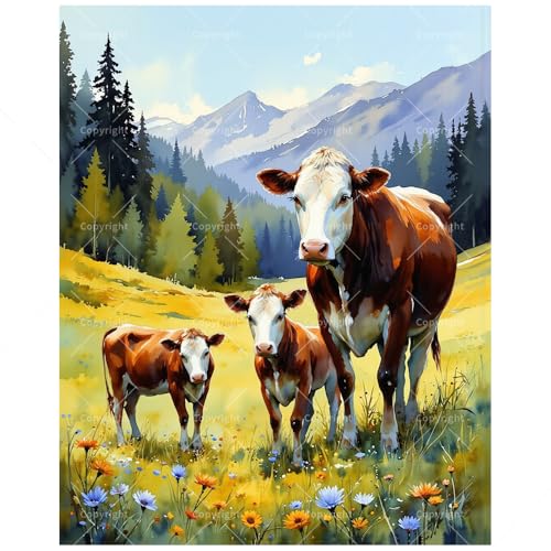 Farm Animal Paint by Numbers Kit for Adults - DIY Cow Family in Mountain Field with Wildflowers Painting on Canvas, Acrylic Paint Set for Beginners, Art for Home Decoration or Gifts(8X12IN Framed) - color: HSX01598, size: 8X12IN Framed