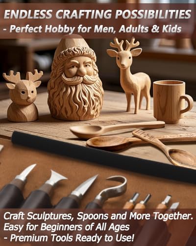 Wood Carving Kit Whittling Kit: Wood Carving Knife Tools with Leather Case | Deluxe Woodworking Hobby Kit for Beginners Adult Kids, Relaxing Creative Projects, DIY Art Craft Gift for Men Teens - color: Brown