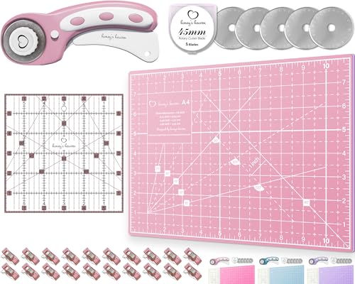 Rotary Cutter Set - Quilting Kit incl. 45mm Fabric Cutter, 5 Replacement Blades, A4 Cutting Mat, Acrylic Ruler and Craft Clips - Ideal for Crafting, Sewing, Patchworking, Crochet & Knitting (Pink, A4) - color: Pink, size: A4 (11" x 8")