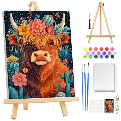 RICUVED Cow Paint by Numbers Kit for Adults Beginners Framed with Wooden Easel, Cactus Adults' Paint-by-Number Kits on Canvas, DIY Easy Acrylic Oil Painting by Numbers for Home Decor, 8x12in - color: OMS063