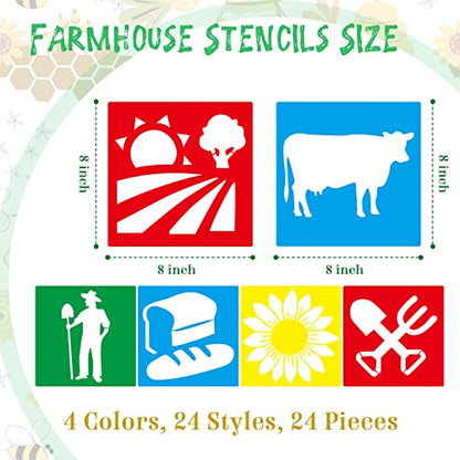 Henoyso 24 Pcs Farm Animal Stencil for Kids 8 Inch Reusable Templates | Plastic, Drawing Painting Templates, Farmer House, Cock, Cow, Blue, Red, Yellow, Wood Paper Scrapbook, Wedding DIY Art Crafts - style: Farm Style