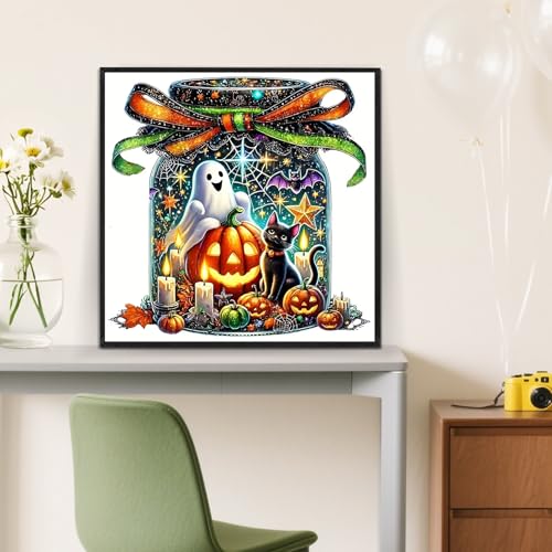 LKHMVCA Halloween Ghost Cat Pumpkin Paint by Numbers Kit for Adults, DIY Paint by Numbers Kits for Adults Beginners Without Frame, Acrylic Paint Canvas Painting Kits Art for Home Decor 16x16 Inch - color: Halloween Ghost Pumpkin Cat