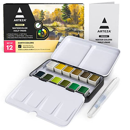 ARTEZA Watercolor Paint Set, 12 Earth Tone Half Pans with Water Brush - color: Earth Tones