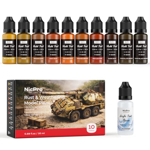 Nicpro 10 Colors Rust & Weathering Model Paint Set, 20ml | Modeling Acrylic Paints, Brush & Airbrush Compatible Miniature Paint for Model, Vehicle, Terrain & 3D Prints, with 1 Thinner - style: Rust & Weathering