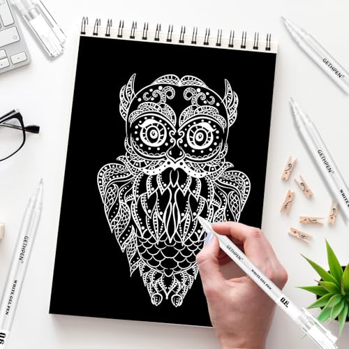 GETHPEN White Gel Pens, 0.6/0.8/1.0mm Fine Point White Pens Set, 3 Pack | Opaque White Archival Ink Pens, for Black Paper Drawing,High-lights, Sketching, Illustration, Card Making, Bullet Journaling - color: White