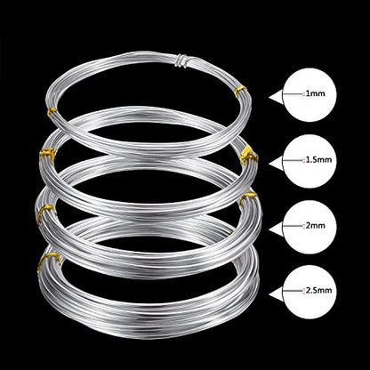 BBTO Aluminum Craft Wire, 4 Sizes (1 mm, 1.5 mm, 2 mm and 2.5 mm in Thickness) Bendable Metal Wire for DIY Sculpture and Crafts, 4 Rolls, Each Roll 16.4 Feet (Silver)
