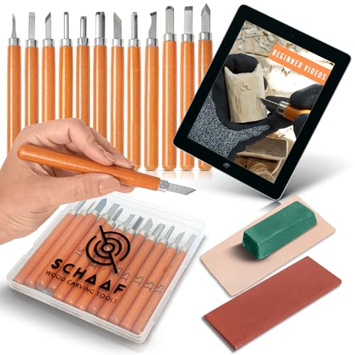 Schaaf Tools Wood Carving Kit, 12-pc mini chisel set, large handles | Wood carving tools for detail work and block printing, SK2 carbon-steel, sharpening strop and beginner tutorials included