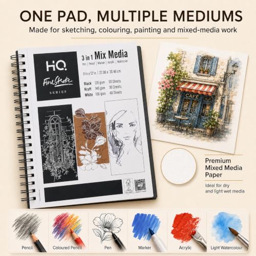 HQ Finestroke 3 in 1 Mix Media Sketchbook, 9 x 12 Inches Art Pad, Mixed Paper for Sketching, Drawing and Painting, Top Wiro Binding, 30 Sheet