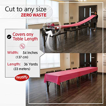 Neatiffy Disposable Plastic Tablecloth Roll | Indoor/Outdoor Table Cover Roll for Rectangle, Square, Round, Oval Tables | Picnic, Party, Banquet, Birthdays, Weddings - 54 in x 108 ft - Pink - color: Pink