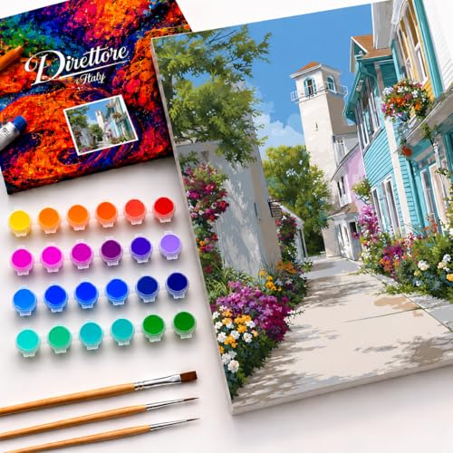 Direttore Italy Paint by Numbers Kit for Adults, Mediterranean Seaside Town Street, DIY Acrylic Painting Set on 16x20 Inch Framed Canvas, 24 Paints and 3 Brushes, Wall Art Decor for Beginners - color: Seaside Town
