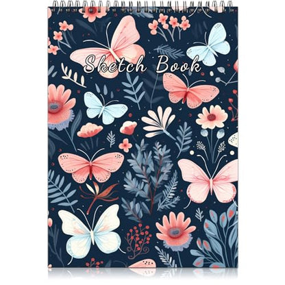 Deokke Sketchbook Top Spiral Bound Sketch Pad, 9 x 12 inch,100GSM Thick Paper,50 Sheets 100 Pages,Art Sketch Book Aesthetic Cute Drawing Writing Paper for Girls Women-Butterfly Flower - color: A-18-Butterfly