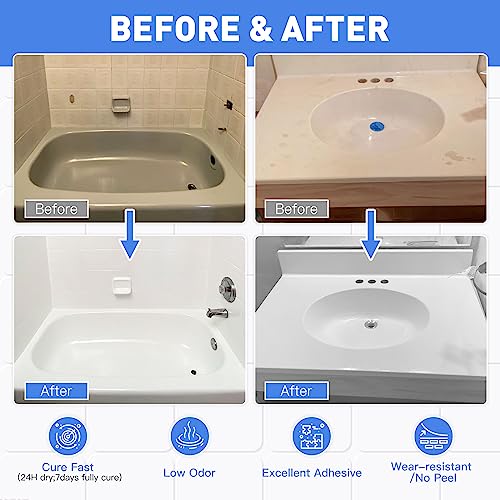 DWIL Tub Paint Tile Refinishing Kit 33oz with Tools 50-55sq.ft | Semi Gloss White Tile Refinishing Kit White Bathtub Paint Water Based Low Odor for Bathroom Kitchen - color: White, size: 33 Fl Oz (Pack of 1)