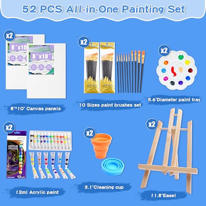 Paint & Sip Kit for 2, 8x10 Canvas Board with Easel for Couples Date Night | 2-Person Art Set:2 canvases,2 wood easels, brushes,paints & palettes.Ideal for painting parties,anniversaries & girls' night