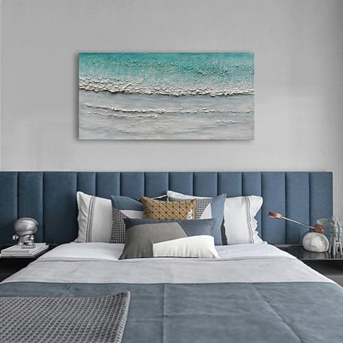 Art Hand-Painted Blue and White Ocean Landscape Oil Painting Modern Abstract Canvas Art Home Wall Decoration 24x48 inches - color: Dn170