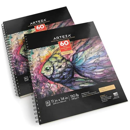 ARTEZA Mixed Media Sketchbook, 11x14 Inches – 2-Pack, 60 Spiral-Bound Sheets, 110 lb Acid-Free Paper for Wet & Dry Media: Acrylic, Ink & Pencil - size: 11"x14" (Pack of 2)