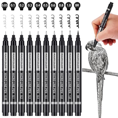 MARTCOLOR Micro Pen Fineliner Pens, 10 Size Black Archival Ink Pens