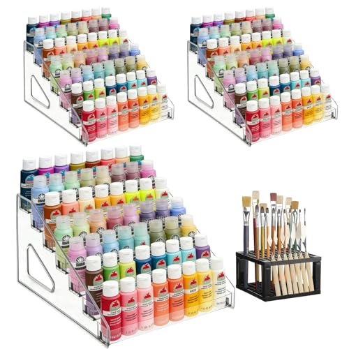 3 Pack Clear Paint Organizer With Paint Brush Holder, 7 Layers Acrylic Pigment Organizer Storage Rack,Craft Miniature Holder for Storage, Holds 56 Bottles of 2oz Pigment