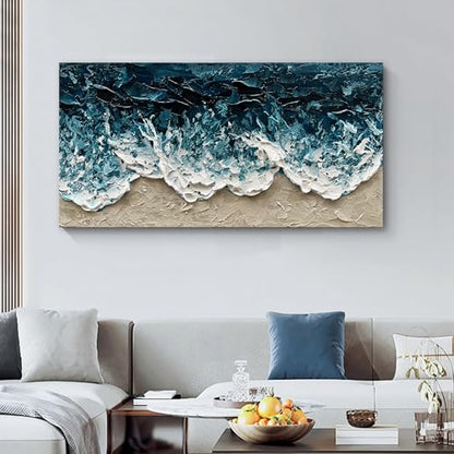 Art Hand-Painted Blue Ocean Beach Landscape Oil Painting Large Abstract Canvas Art Home wall Decoration 24x48 inches - color: Dn166