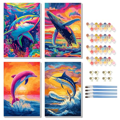 TBAIRO 4 Pack Framed Paint by Numbers Kit for Adults Beginner Animals DIY Painting Kits for Adults Ocean Easy Adult Paint by Number Kits on Canvas for Wall Art Decor 8x12 Inch - color: Animals