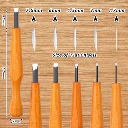 WILLBOND 5 Pcs Wood Carving Tools Set Linocut Chisel Flat Linoleum Kit 1.7mm, 3mm, 4.5mm, 6mm, 7.6mm Wood Carving Knife Woodworking Tools for Detail Roughing Woodblock Printing Woodcut Printmaking