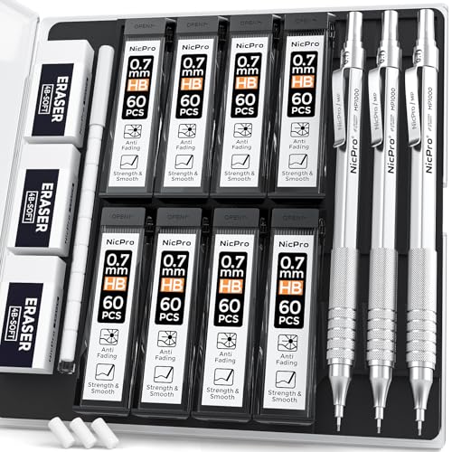 Nicpro 0.7mm Metal Mechanical Pencil Set with Case | 3PCS MP1000 0.7 Lead Pencil With 8 Tube HB Refills, 3 Erasers & 9 Refill For Artist Drafting Drawing Engineering Sketching - color: Silver, style: 0.7 MM