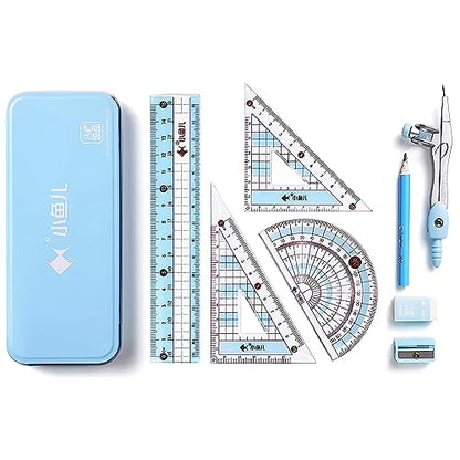 8 Pcs Compass/Math Set for Students with Shatterproof Storage Box, Geometry Set for School, Includes Ruler, Protractor, Compass, Pencil,Pencil Sharpener and Eraser,etc. Perfect Gift