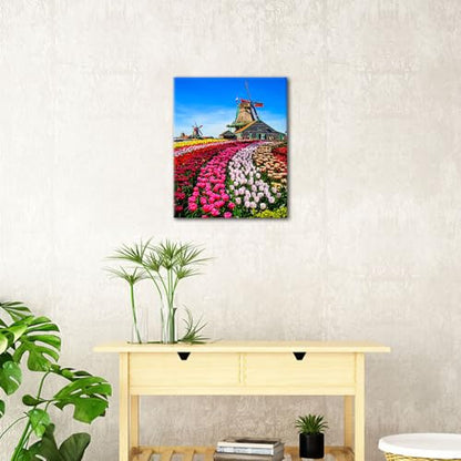 TUMOVO Paint by Numbers Kit for Adults Tulips Dutch | landscape tulips dutch 16x20 inch unframed canvas, easy to follow, pre-numbered, acrylic paints included. - color: Windmills
