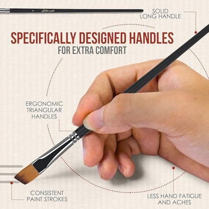 Golden Maple Angular Paint Brush, 9PC Oblique Tip Nylon Hair Long Handle Angled Paint Brushes Set Art Artist Professional Painting Supplies for Acrylic, Watercolor, Gouache and Oil Painting