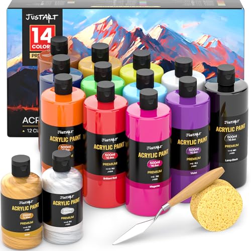 JusArt 14 Colors Acrylic Paint Set, Including Gold and Silver, 16.9oz(500ml) Large Bulk Bottles Adult Artist Paints for Rocks, Mural Walls, Crafts, Glass, Fabric, Ceramic, Canvas - color: 14 Colors (16.9oz)