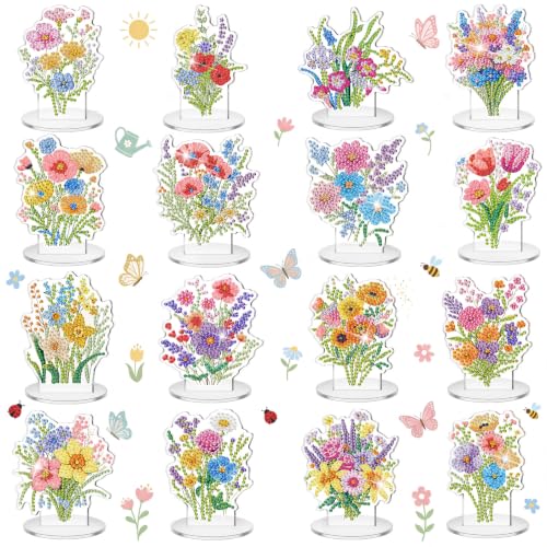 Kosiz 16 Pcs Watercolor Flowers Diamond Painting Tabletop Decorations Flower Diamond Art Kits for Adults Double Sided Acrylic Floral Table Centerpieces for Tabletop DIY Crafts Gifts Party Decor - style: Watercolor Flowers