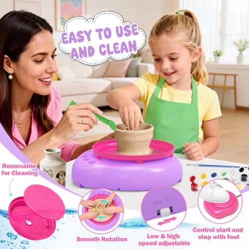 Weilim Pottery Wheel for Kids Beginners, Air-Dry Clay & Paint Kit Ages 6-12 | 3 Clay Packs, 14 Paint Colors, Sculpting Tools, Brushes, Palette,Apron; Gentle Beginner Spin, USB Rechargeable, No Oven - color: Purple