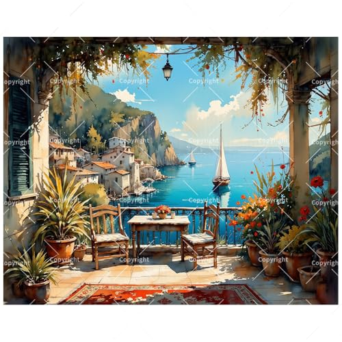 Coastal Scene Paint by Numbers Kit for Adults - DIY Mediterranean Balcony with Sailboats and Flowers Painting on Canvas, Acrylic Paint Set for Beginners, Art for Home Decor or Gifts(12X16IN Framed) - color: HSX01857, size: 12X16IN Framed