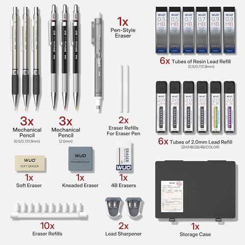 WUO 36PCS Art Mechanical Pencil Set with Storage Case, Metal Drawing Pencil - color: Black+Silver1 - 3 Sizes + 2.0mm