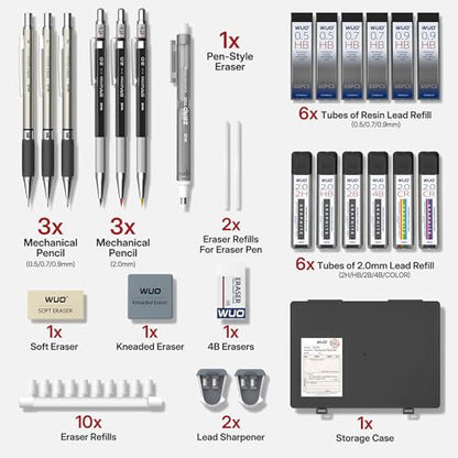 WUO 36PCS Art Mechanical Pencil Set with Storage Case, Metal Drawing Pencil - color: Black+Silver1 - 3 Sizes + 2.0mm