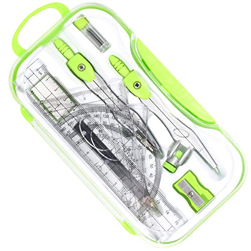 Vobou Math Geometry Sets 10 Pcs, Student Supplies Kit, Compass Set (Green） | Shatterproof Storage Box,Rulers,Protractor,Compass,Eraser,Pencil Sharpener,Lead Refills,Pencil,for School and Drawing - color: Green
